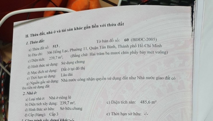 Chính chủ cần bán nhà mặt tiền số 306 đường Đường Hồng Lạc, Phường 11, Tân Bình, Hồ Chí Minh.